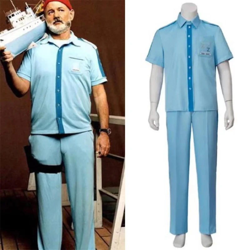 

Steve Zissou Captain Cosplay Costume Life Aquatic Blue Shirt Pants Uniform Mens Adult Halloween Costume