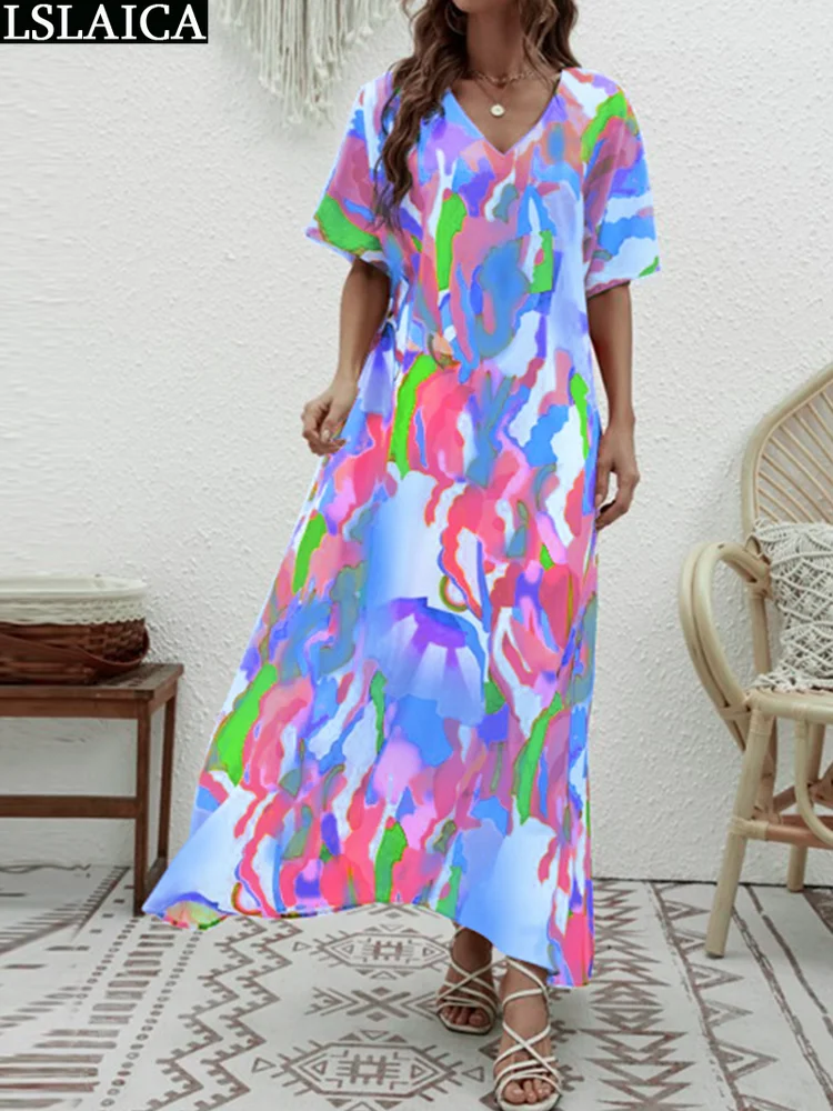 

Big Swing Elegant Dresses for Chubby Women V Neck Chic Woman Dress Loose Women's Free Shipping Print Gala Short Sleeve Fashion