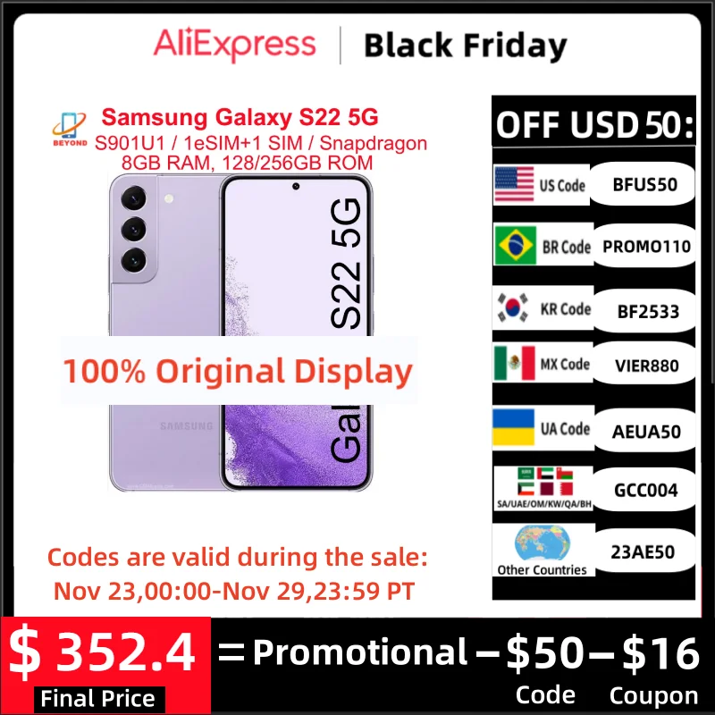 

Samsung Galaxy S22 5G S901U1 6.1" RAM 8GB ROM 128/256GB Snapdragon NFC Octa Core Original 5G Android