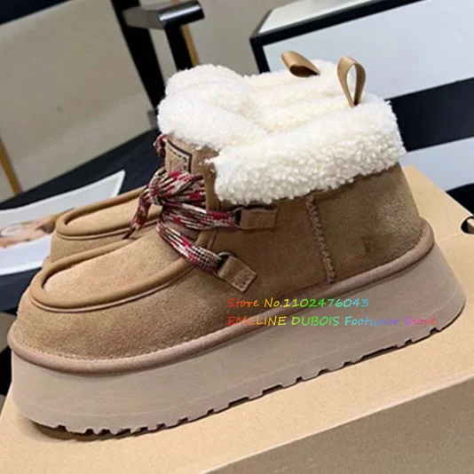 

Winter Snow Boots Suede Leather Khaki Color Thick Soled Flat Bottomed Lace Up Ankle Boots Inner Fur Women's Short Boots