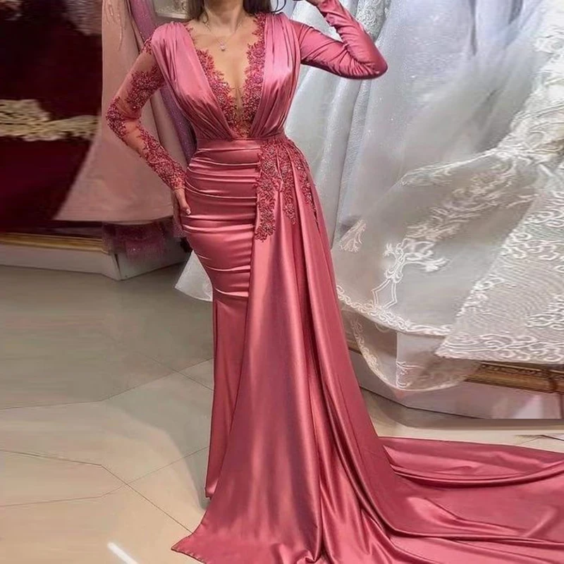 

Saudi Arabia Mermaid Evening Gowns Sheer Neck Lace Appliques Illusion Long Sleeves Prom Dresses Sweep Train Formal Party Dress