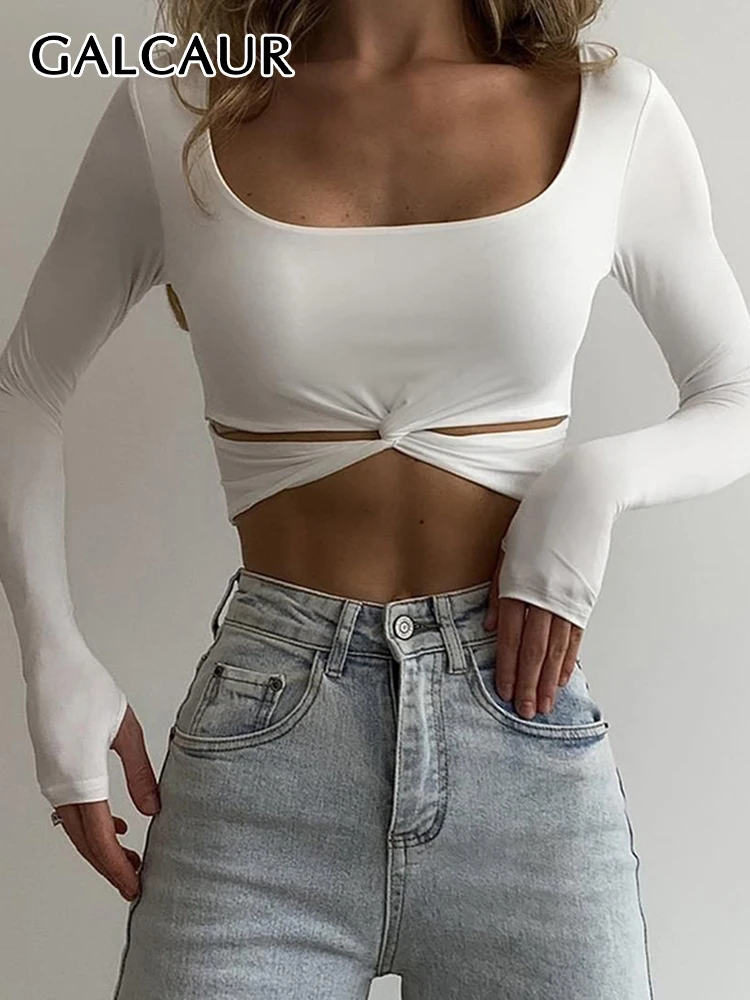 

GALCAUR Slim Solid T Shirts For Women Square Collar Long Sleeve Hollow Out Crisscross Folds Irregular Hem Casual T Shirt Female