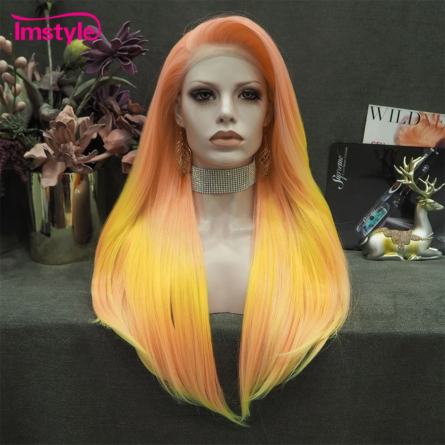 Imstyle Orange Wig Syntehtic Lace Front Wig Yellow Ombre Wigs Straight Hair Heat Resistant Fiber Glueless Wigs For Women Cosplay