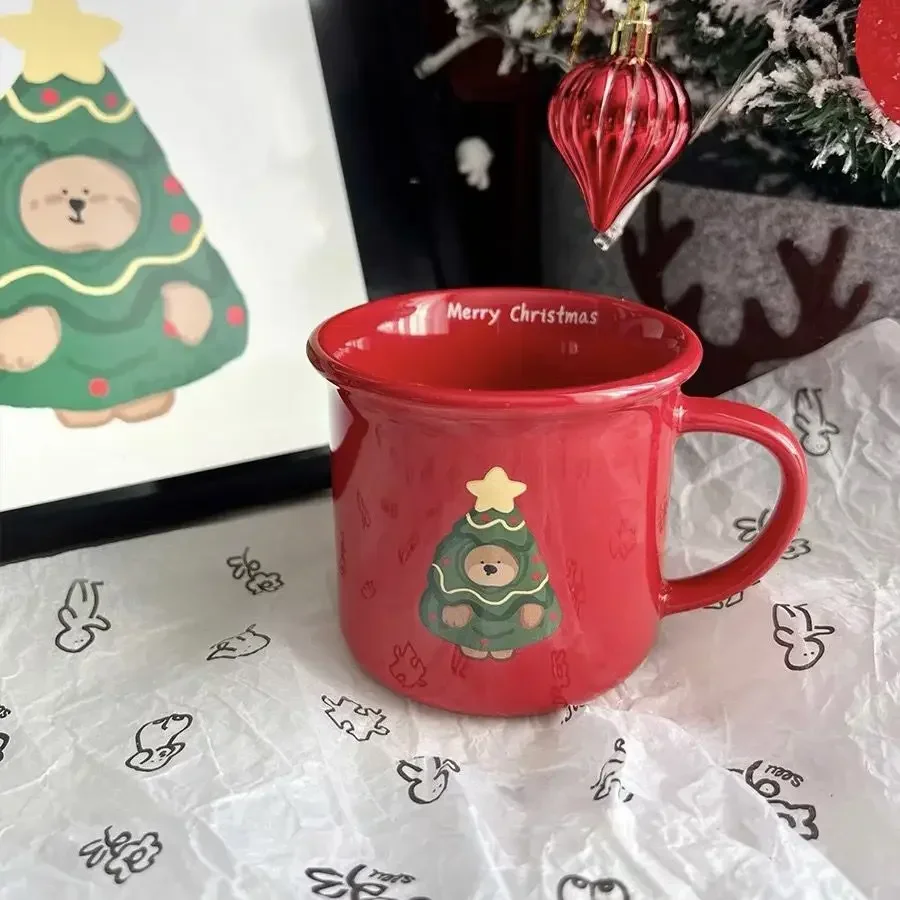 

Домашняя Рождественская кружка, мишка тедди, кролик, красная керамическая кружка, Рождественская елка, термостойкая кофейная чашка для пары, Рождественский подарок на день рождения