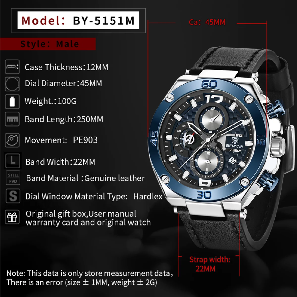 

BENYAR Top Brand Large dial design Chronograph Sport Mens Watches Fashion Military Waterproof Quartz Watch Relogio Masculino