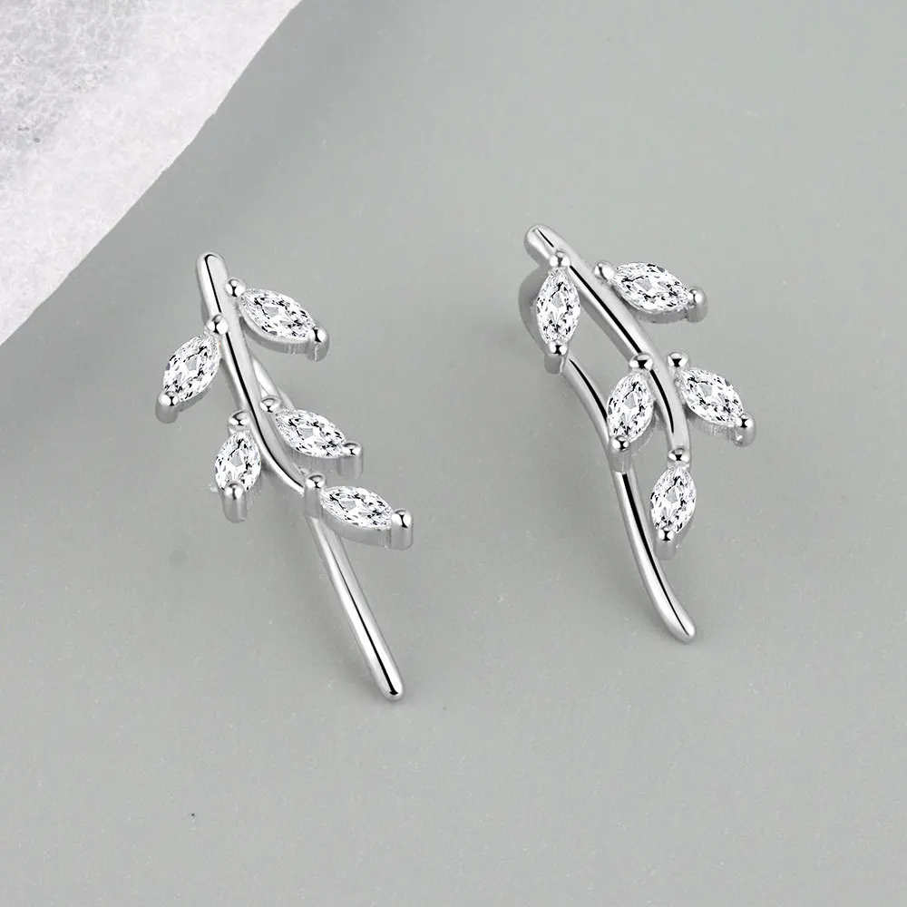 

925 Sterling Silver Zircon Leaf Piercing Stud Earrings For Women Girls Wedding Party Fashion Jewelry Pendientes eh337