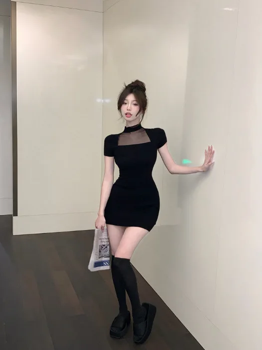 Пикантное облегающее Сетчатое лоскутное платье в Корейском стиле с круглым