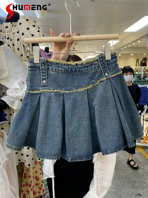 

Hot Girl Frayed Simple Slimming High Waist Pleated Denim Skirt Female 2022 Summer New Fahsion Elegant Solid Above Knee Skirt