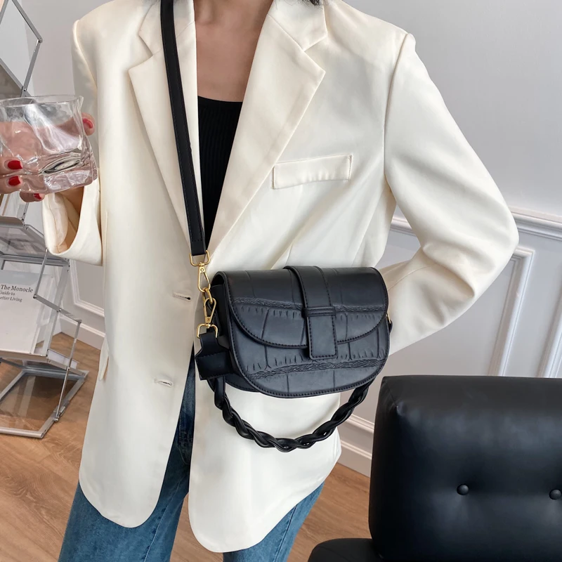 Small PU Leather Saddle Crossbody Bags For Women 2022 Winter Simple Shoulder Bag Luxury Trending Branded Handbags And Purses