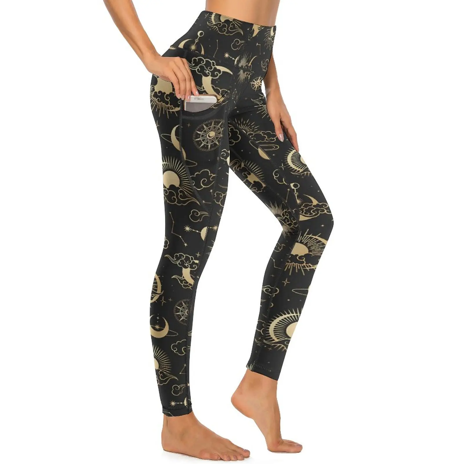 

Moon Star Sun Leggings Sexy Astrology Art Push Up Yoga Pants Vintage Elastic Leggins Pockets Women Design Gym Sports Tights