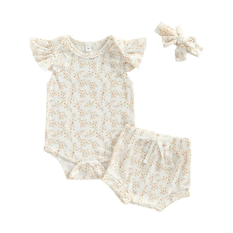 

3 Pieces Baby Suit Set Coconut Tree/ Floral Print V-Neck/ O-Neck Romper+ Shorts+ Headband Outfits for Infants Summer 0-18 Months