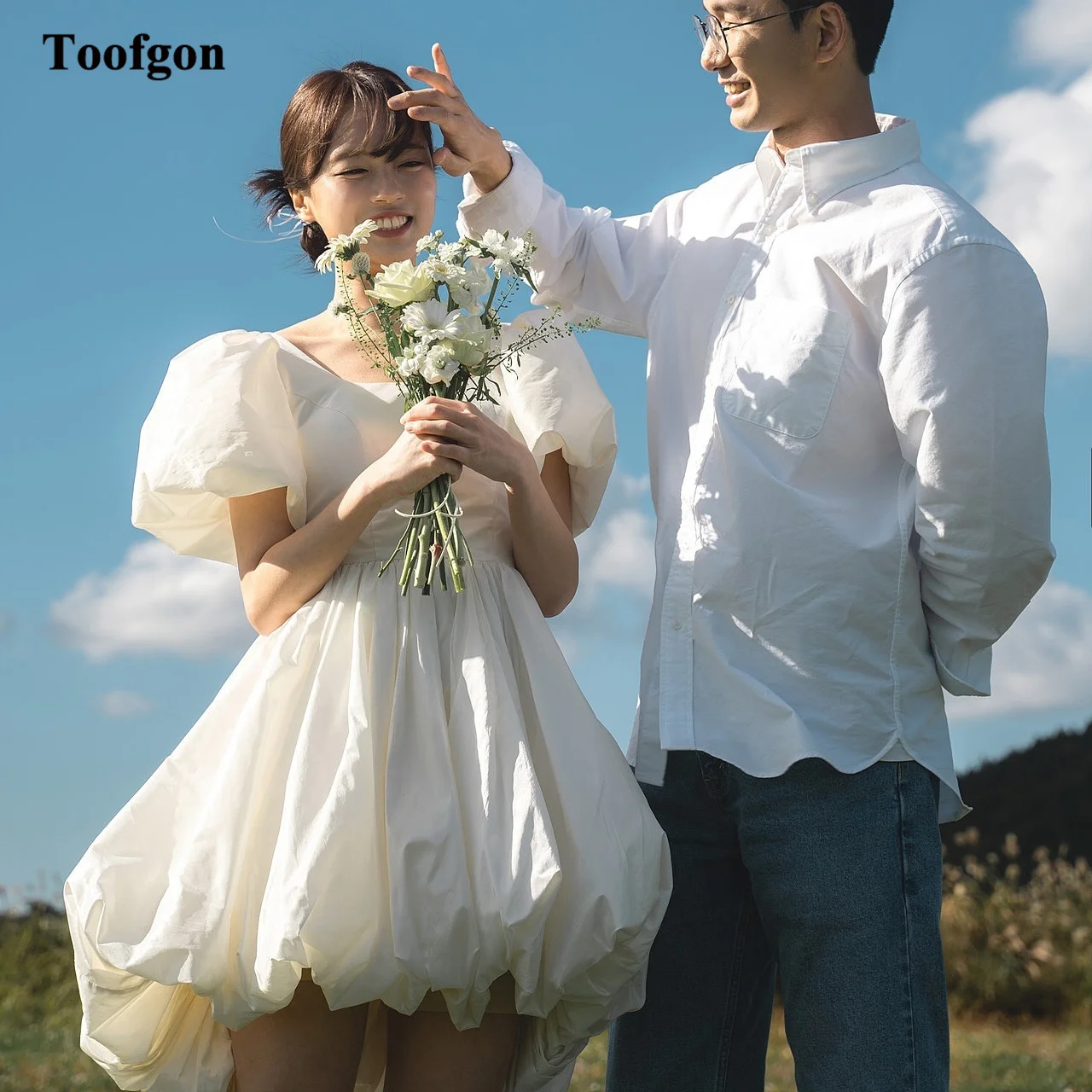 Фото Toofan трапециевидное платье из тафты с короткими рукавами, свадебные платья, корейское платье для свадебной фотографии невесты, вечерние свадебные платья по индивидуальному заказу №1