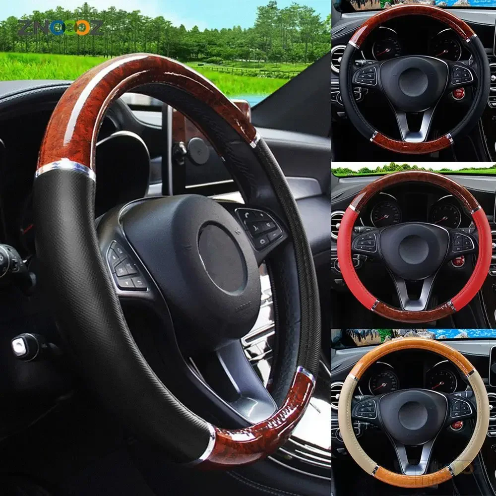 

Universal Auto Car Steering Wheel Cover Mahogany Wood Leather Fit 38cm Steer Wheel Covers Car Interior Decoration