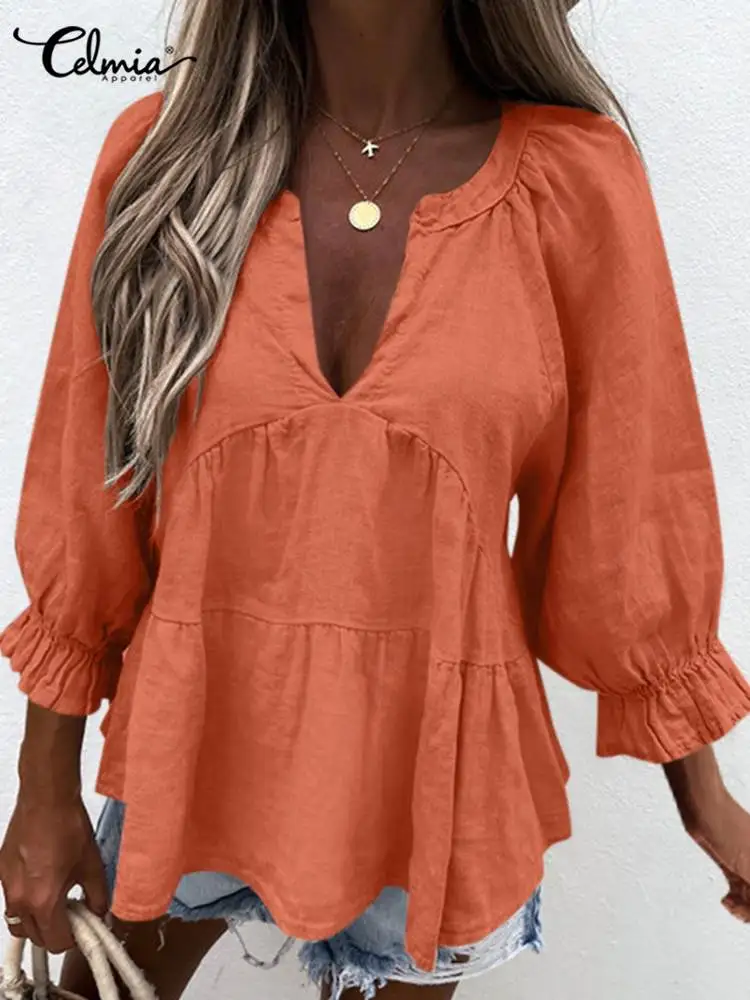 

Celmia Ruffles Cuff Elegant Blouses Fashion V Neck Peplum Tops Women 3/4 Puff Sleeve Shirt 2022 Summer Solid Pleats Tunics