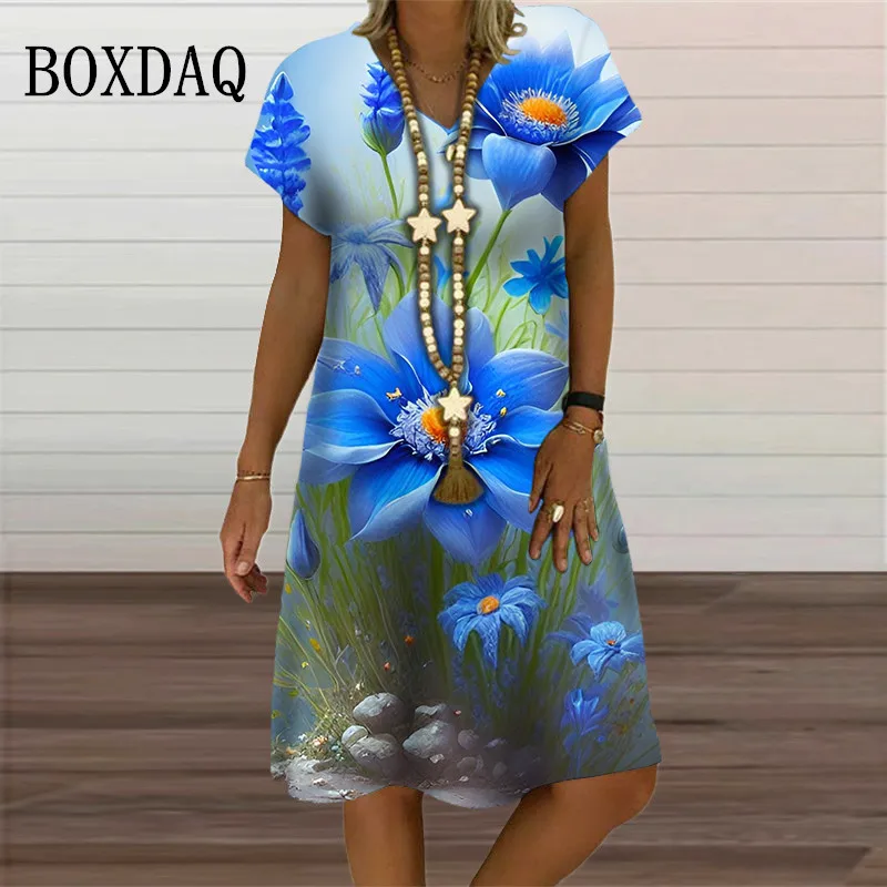 

2023 New Women Dresses Fashion Summer Blue Plant Flowers 3D Print Dress Oversized Loose V-Neck Short Sleeve Clothing Sundress