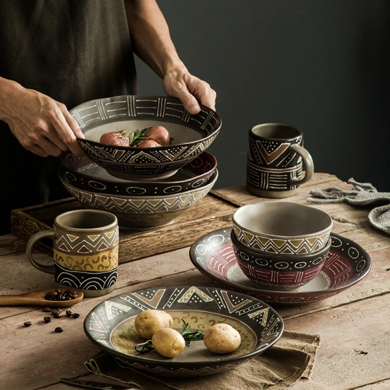 

Creative ceramic Personalized Rough Pottery Tableware Japanese Plate Retro Dish Home American Dinner Plate Set Art Plate