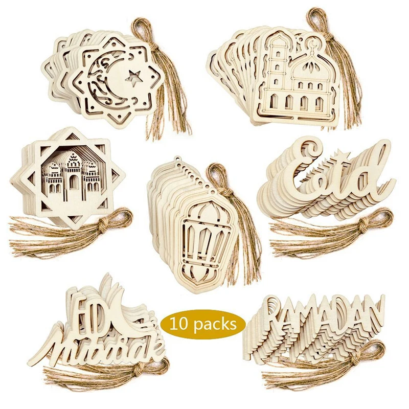 

10 Pcs Wooden Pendant Crafts Hang Tags With Rope DIY Eid al-Fitr Mubarak Ramadan Kareem Islamic Party Decoration Gifts Ornaments