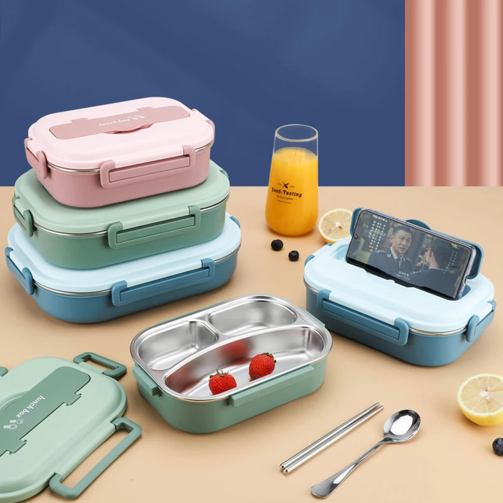 

New Stainless Steel 304 Lunch Box With Spoon Leak-proof Lunch Bento Boxes Dinnerware Set Microwave Adult Children Food Container