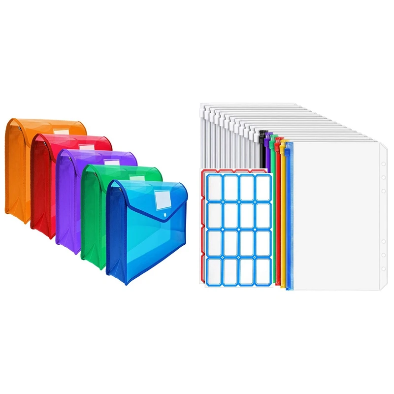 

12x Transparent Bags, 6Zipper Binder Envelopes & 5x File Wallet Envelope Expanding File Folder Document Organizer