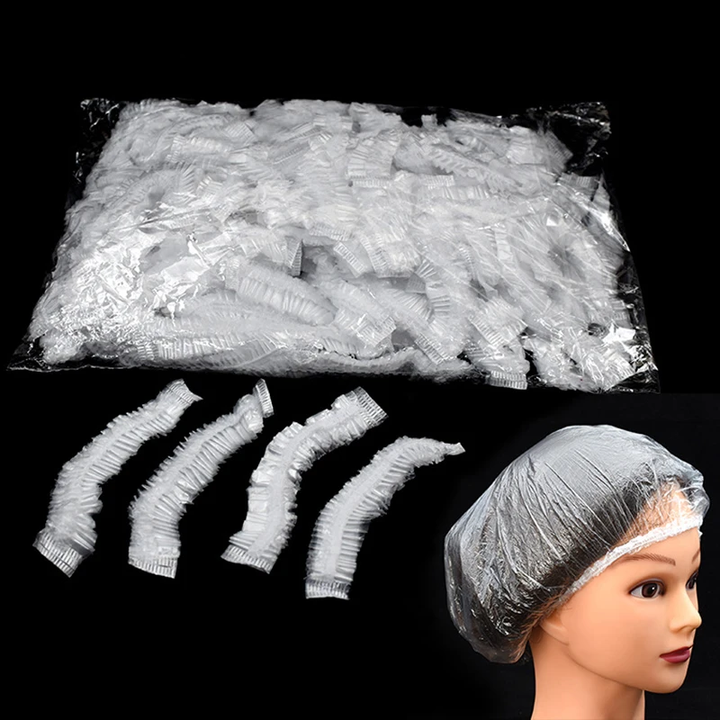 100Pcs Disposable Shower Bath Cap Plastic Waterproof Woman Head Hair Cover Bathing Hat Plastic