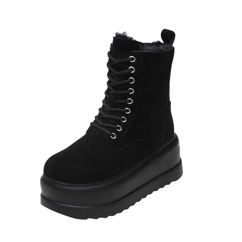 2022 Women Warm Plush Snow Boots Non-slip Winter Boots 7.5CM Suede Leather Chunky Sneakers Thick Fur High Platform Ankle Boots