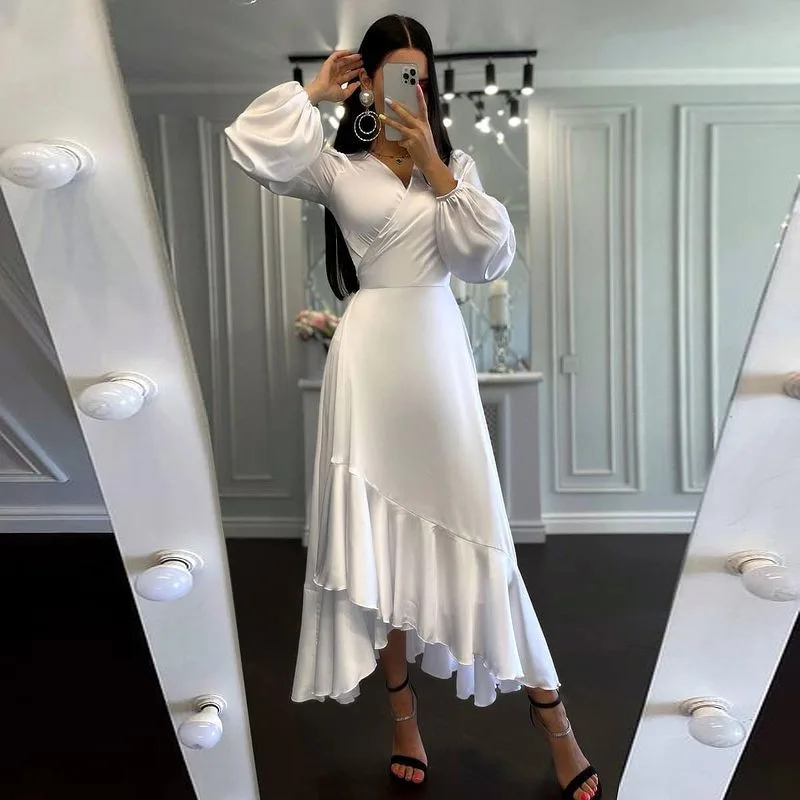 

Ladies Fashion Commute Dress Vintage Solid Women NightParty Dress Elegant V-Neck Long Sleeve Hem Ruffles Design Long Dresses