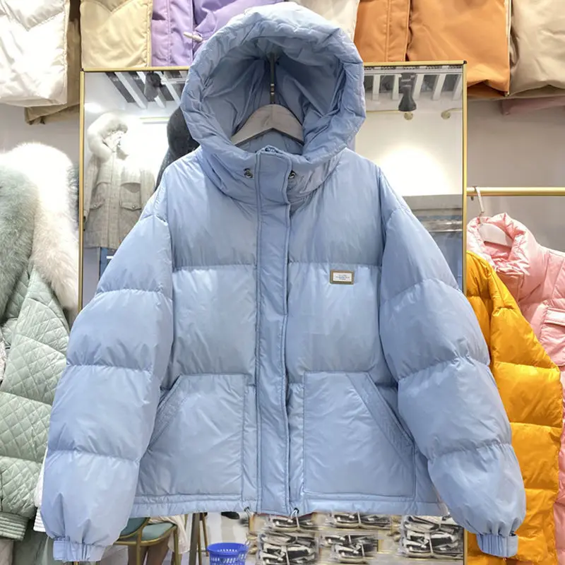Winter Fashion New Down Jacket Women Short Korean Version of Hooded Solid Color Bread White Eiderdown Loose Thick Warm Coat