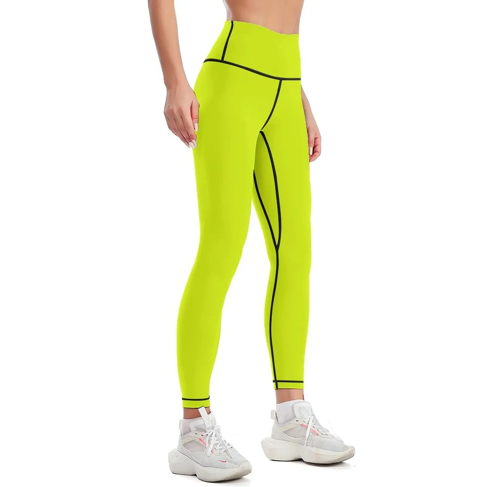 Фото Женские леггинсы Chartreuse Yellow Solid Color, однотонные, для фитнеса, с высокой талией, спортивные, для push-up эффекта. №2