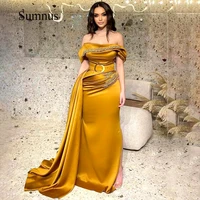 gold satin evening dresses beading off the shoulder with belt pleats side split prom dress 2022 saudi arabic evening gowns