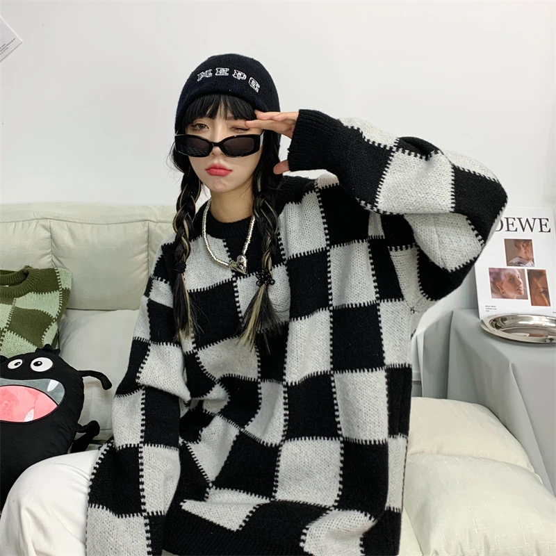 

Зимний женский пуловер в стиле ретро, зеленый, черный и белый клетчатый жаккардовый свитер для мужчин и женщин, свитер, пальто