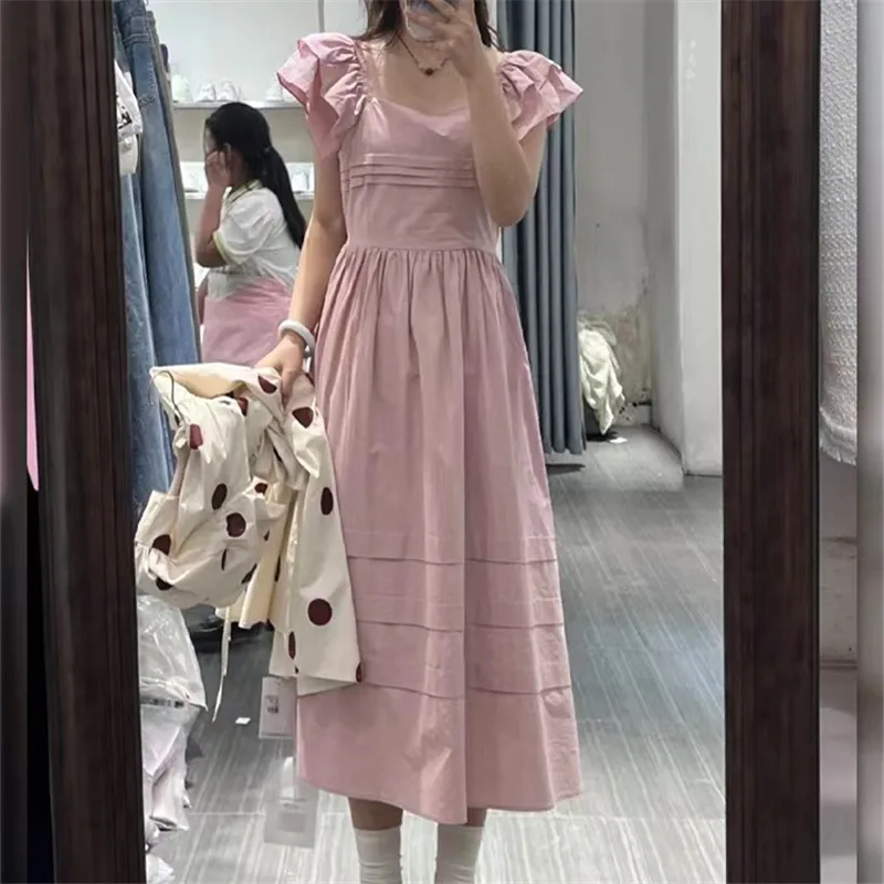 

Summer 2023 new temperament square neck small flying sleeves cinched waist show thin dress women's French sweet long dress