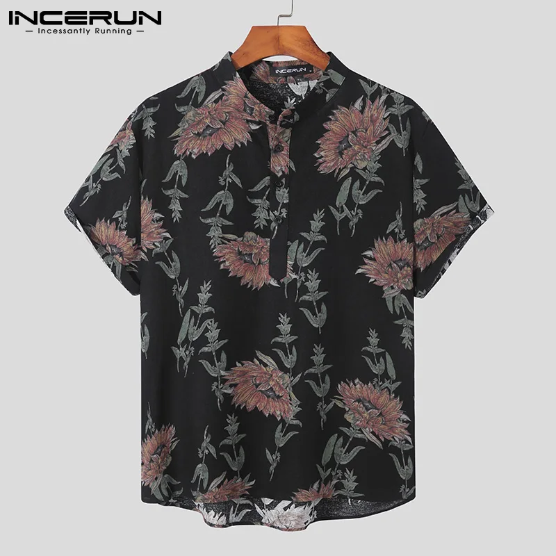 

Men Casual Shirt Printed Stand Collar Short Sleeve Streetwear Vintage Cotton Hawaiian Shirts Men 2022 Vacation Camisas INCERUN 7