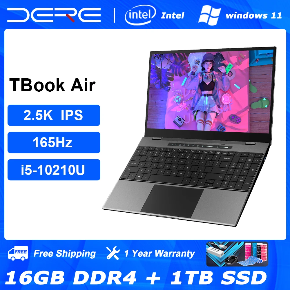 DERE laptop 15.6-inch, Intel Core i5-10210U, 16GB RAM + 1TB SSD, 2.5K IPS 165Hz, 8GB Discrete Graphics, Windows 11 Notebook