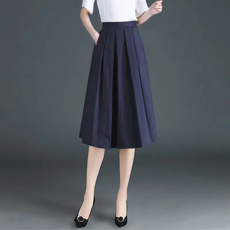 

2022 Women's Spring Summer New High Waist Midi Skirts Female Korean Loose A-line Skirts Ladies Solid Color Pleated Skirts I246