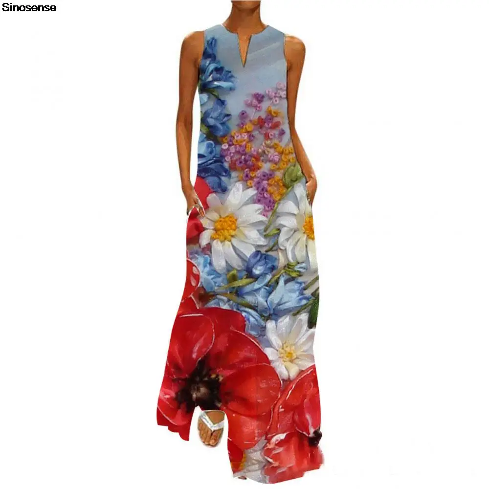 

Spring Summer Floral Dress Women's Sexy Sleeveless V Neck A Line Tank Loose Casual Dress Elegant Long Beach Party Maxi Dress 5XL
