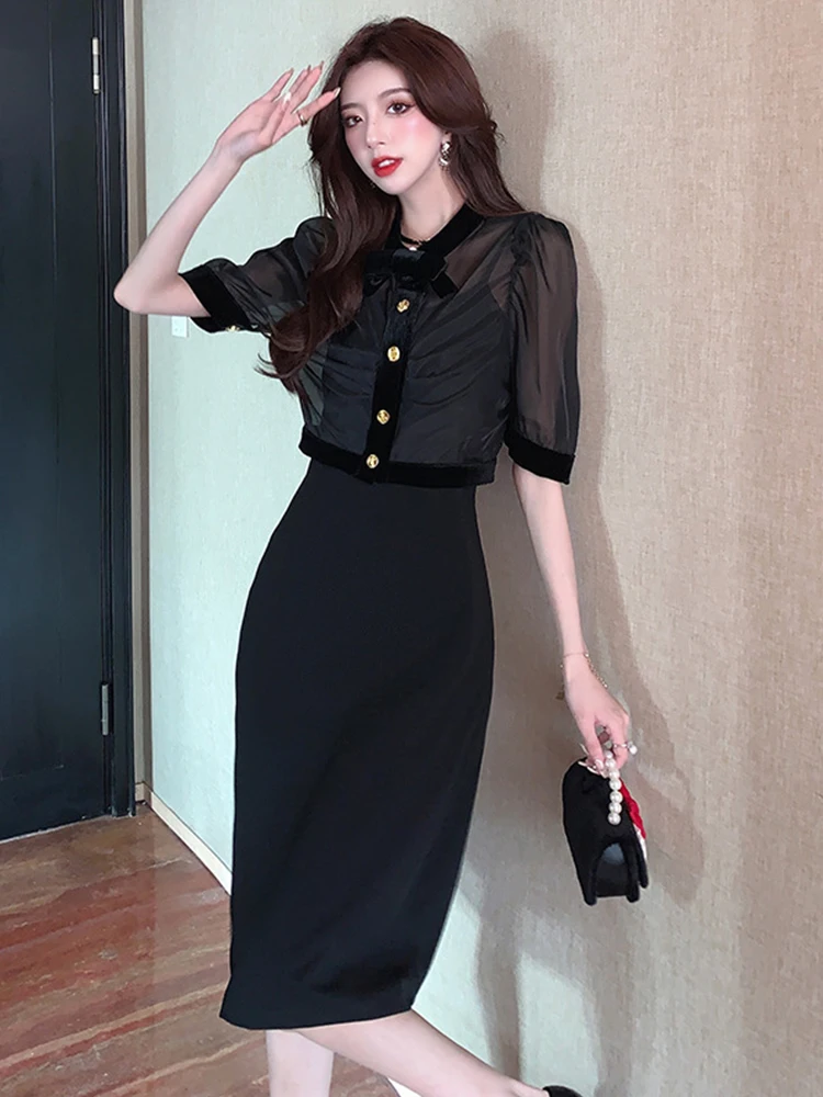 

Black 2 Pieces Outfits Women Single Breasted Puff Sleeve Folds Short Tops Shirt Blouse Sexy Strap V-Neck Midi Dress Female Sets