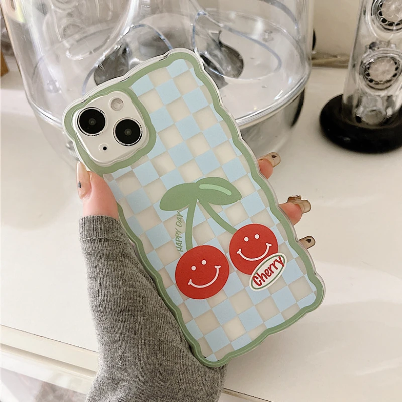 

Wave Plaid Cherry Transparent Phone Case For iPhone 13 11 12 Pro X XR XS Max 13MINI 7 8Plus Lovely Shockproof Cartoon Soft Cover