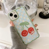 wave plaid cherry transparent phone case for iphone 13 11 12 pro x xr xs max 13mini 7 8plus lovely shockproof cartoon soft cover
