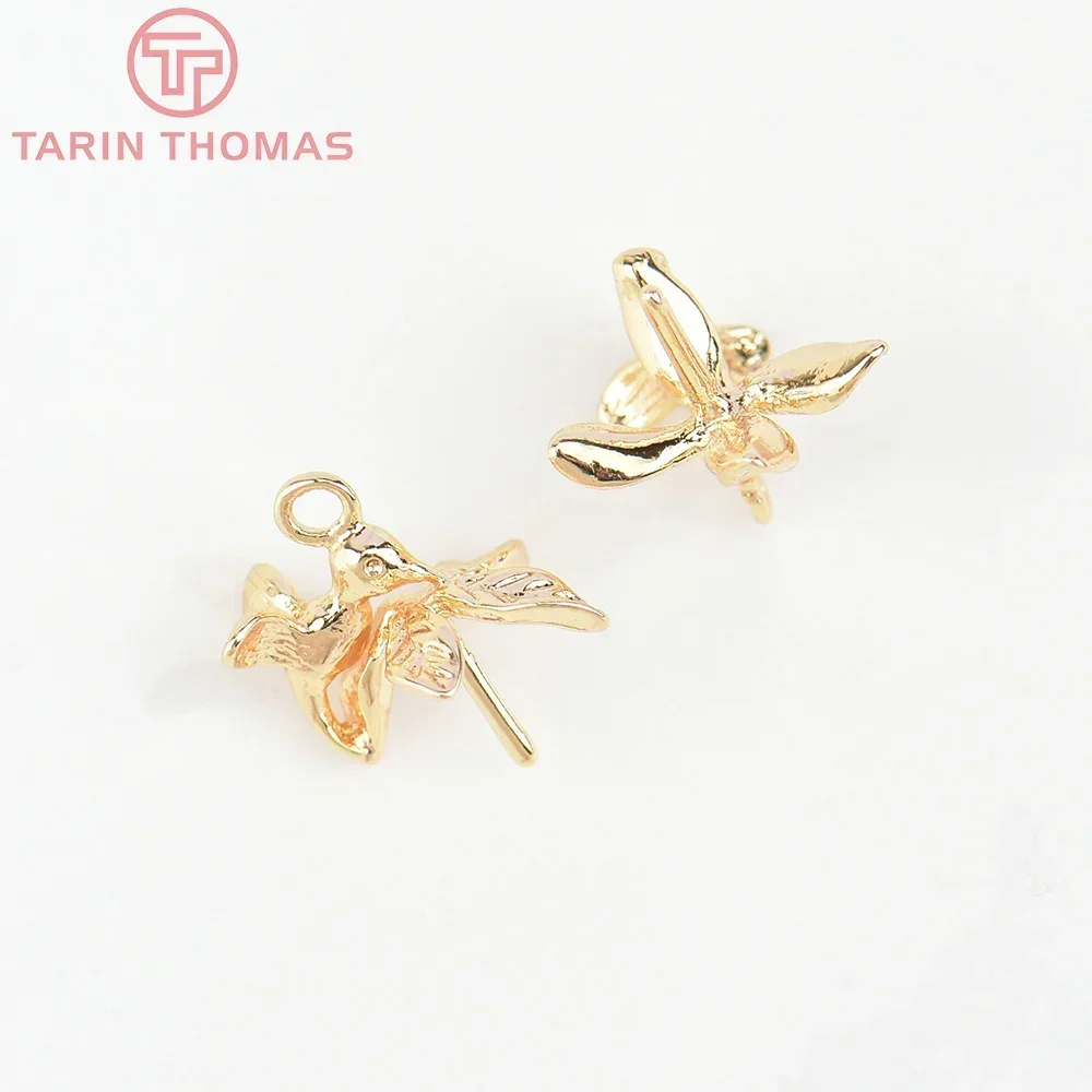 (5658) 10 шт. 10x11 5 мм 24-каратное золото латунные птицы с бусинами колпачки