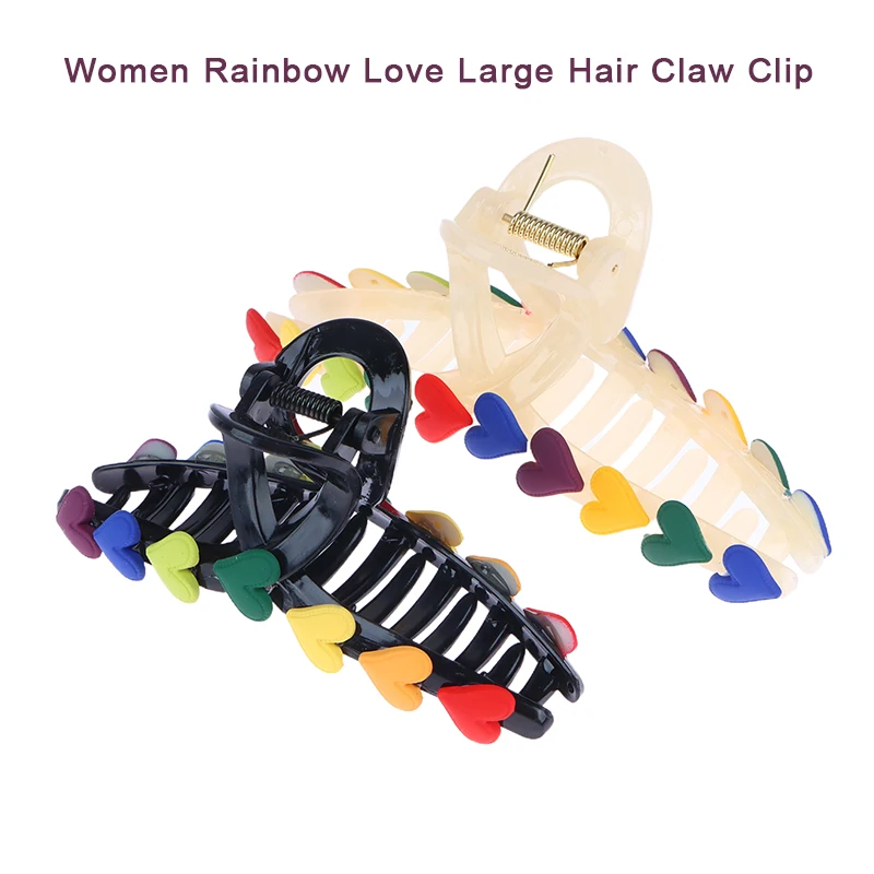 

Women Rainbow Love Large Hair Claw Clip Elegant Ponytail Hair Crab Shark Clip Girls Hairpin Clips Hair Accessories