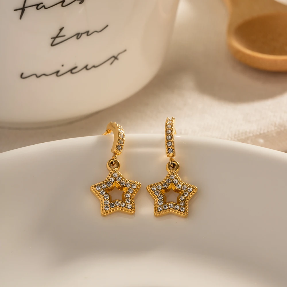 

Creative Pentagram Drop Earrings For Women Hollow Five-star Zircon Dangle Earrings Ladies Stainless Steel Earrings Jewelry Gift