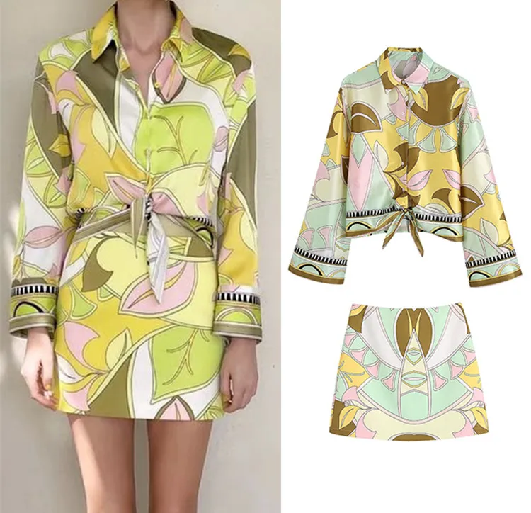 

2022 Summer Women Printed Blouses+Skirt Sets New Turn Down Collar Long Sleeve Tops High Waist Skirt Girl Outfits Two Pcs