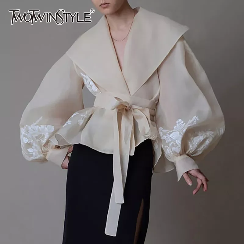 

TWOTWINSTYLE Vintage Organza Women Blouse Lapel Collar Lace Up Bow Lantern Long Sleeve Hit Color Shirt Female Fashion 2020