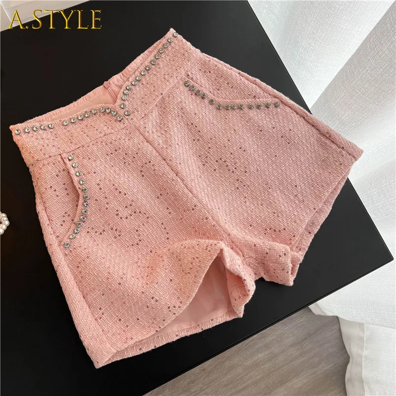 A GIRLS Design Fashion Sequins Shorts Women Chic Korean Diamonds High Waist Shorts 2021 New Autumn Streetwear Wide Leg Shorts