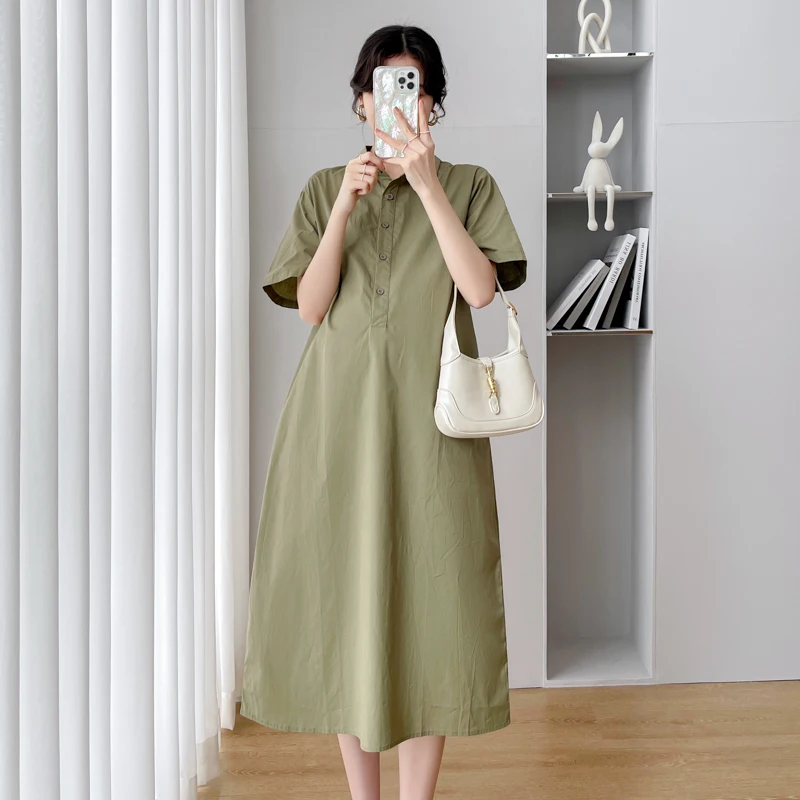 

8222# 2022 Summer Fashion Green Maternity Long Blouse Loose Straight Dress Clothes for Pregnant Women Chic Ins Pregnancy