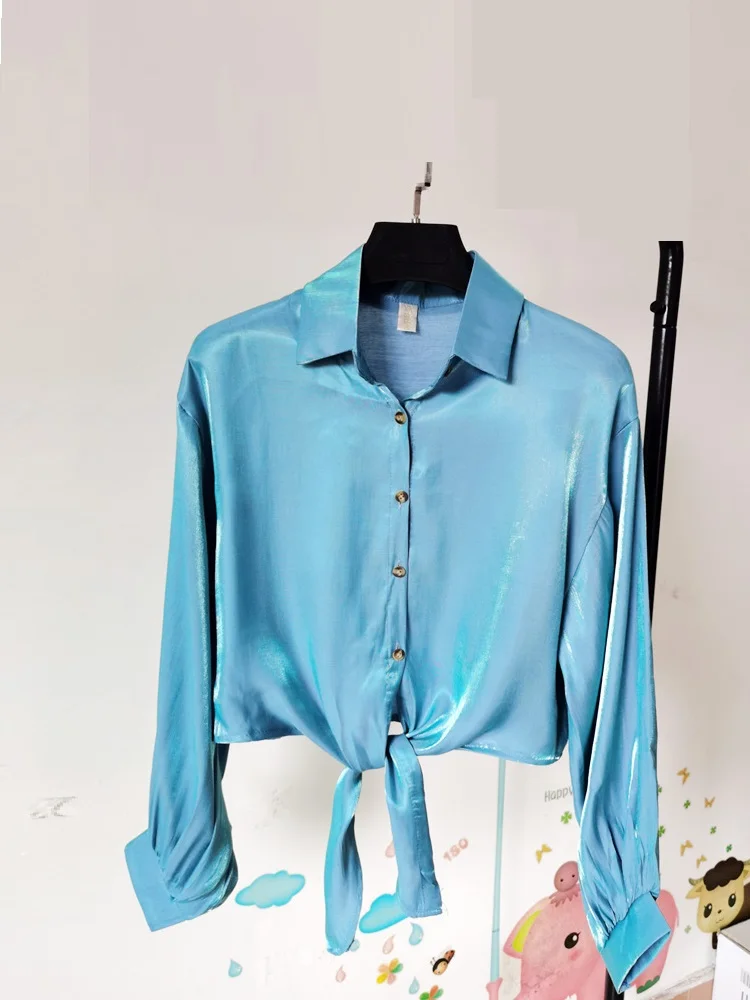 

TuangBiang 2022 Summer Polo-Neck Blouse Single Breasted Satin Long Sleeve Shirts Chiffon Lace Up Women Casual Vacation Crop Tops