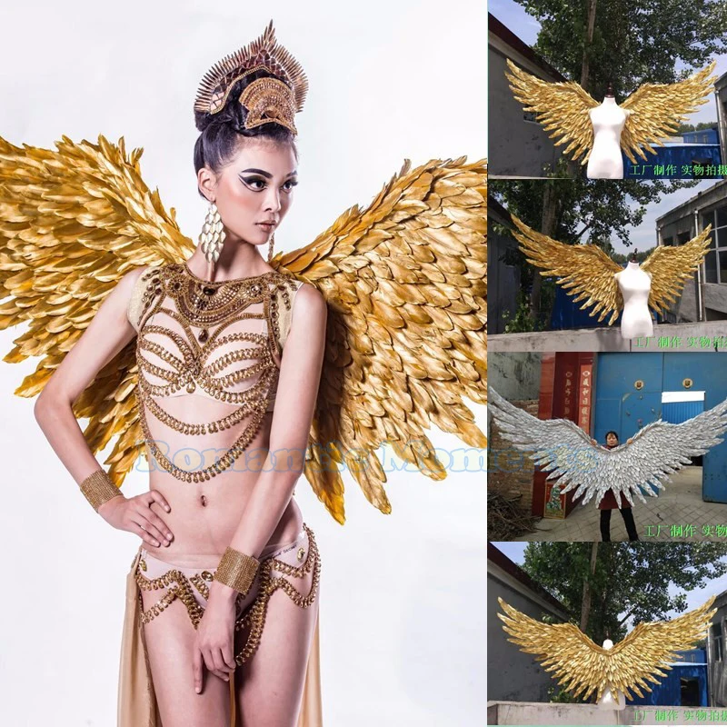 

Ems Free Shipping Gold Feather Wings Large Props Big Angle Wings For Party Show 200cm*100cm Baby Shower Decorations