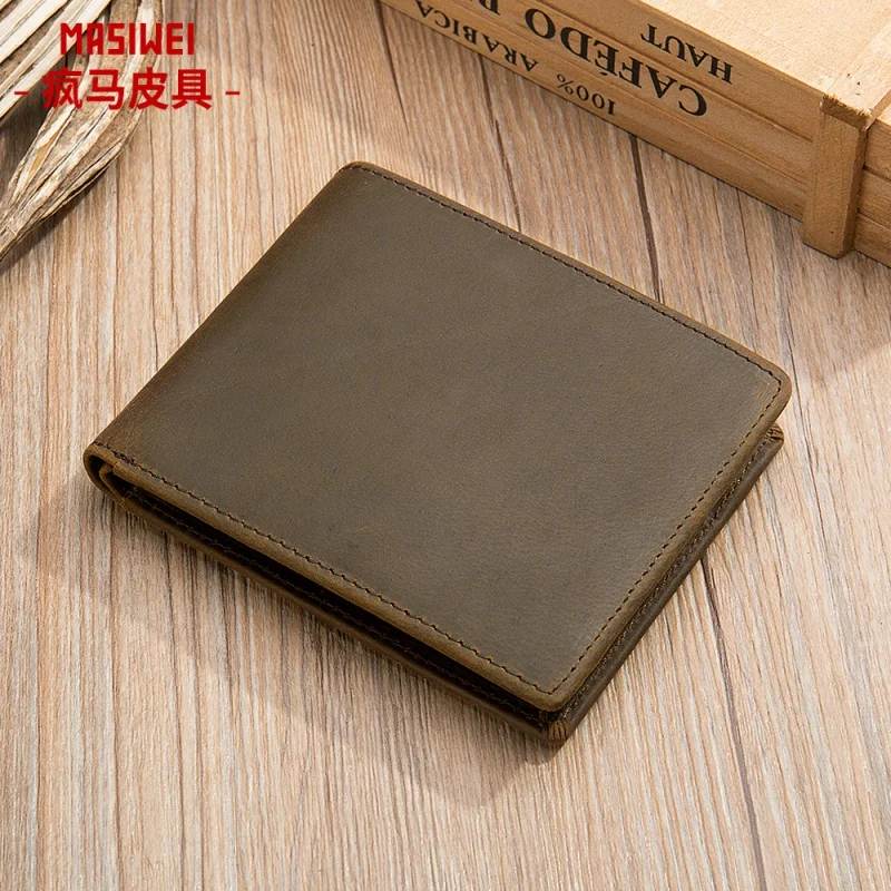 

Crazy Horse Leather Wallet Genuine Leather Men's Short Wallet Retro First Layer Cowhide Card Holder Multiple Card Slots RFID Wal