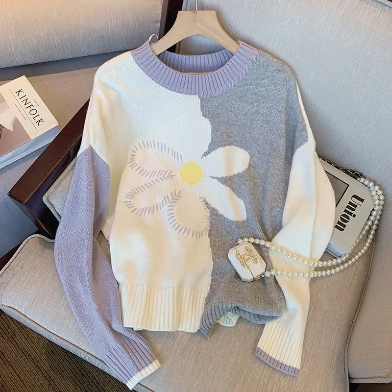 

2022 Autumn Contrast Color Flower Ladies Sweater Lazy Style Design Round Neck Long Sleeve Casual Western Knit Sweater