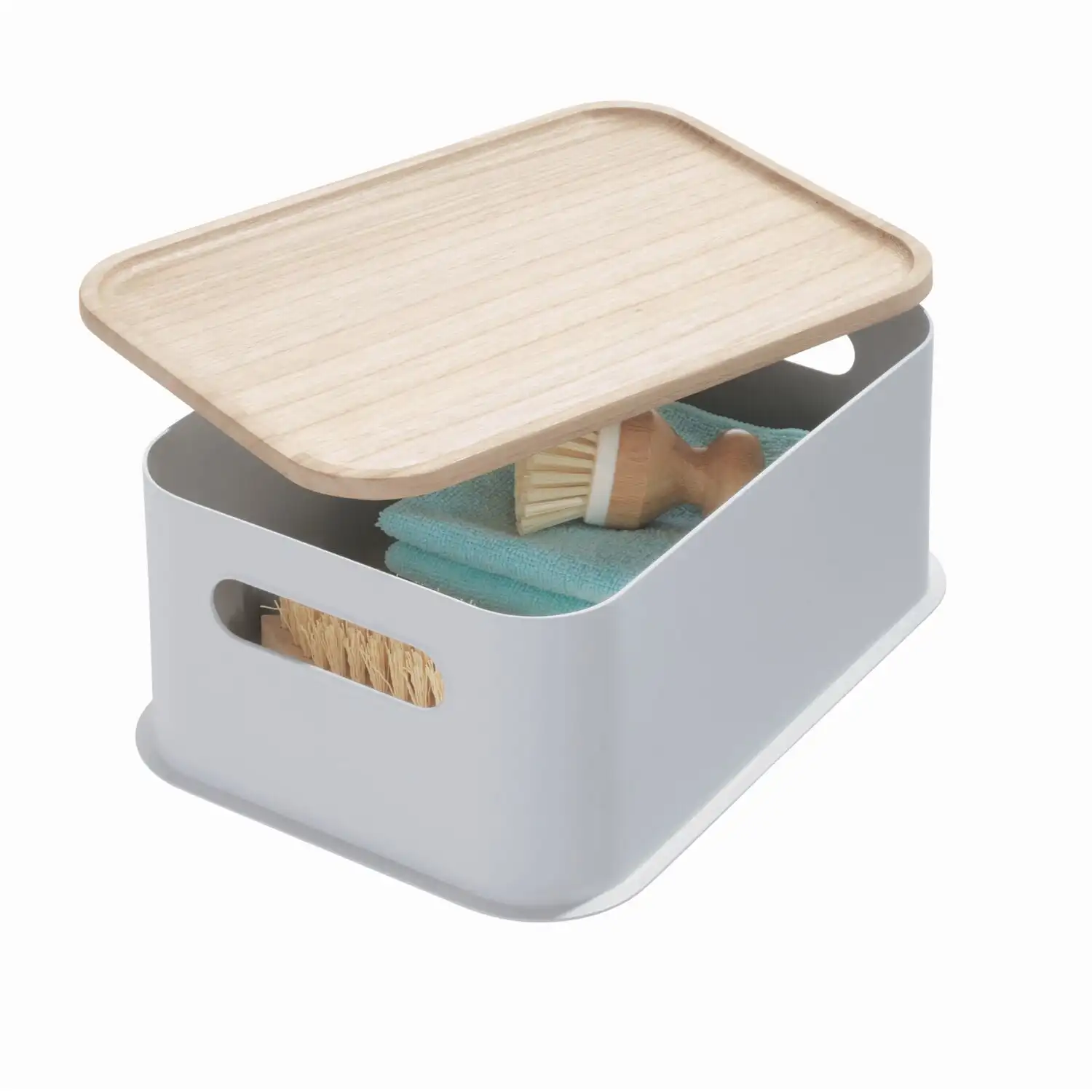 

Eco BPA-Free Recycled Plastic 11.9" Medium Storage Bin with Handles and Paulownia Wood Lid, Gray Storage Desk Organizer